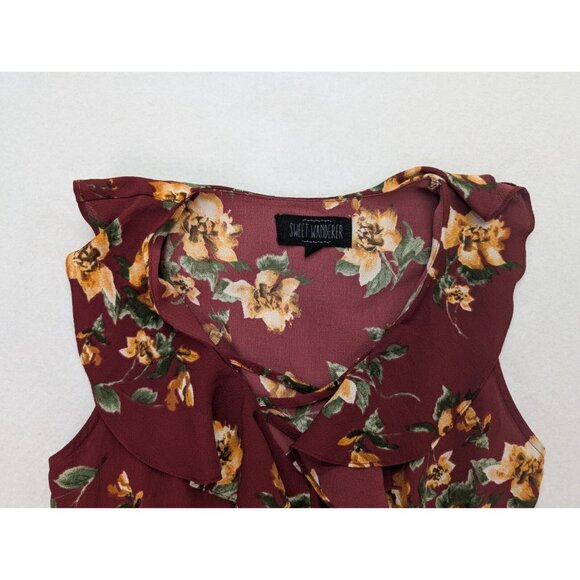 Sweet Wanderer Women's Dress Size Small Maroon Floral Print Ruffle Boho Bohemian - Picture 5 of 15